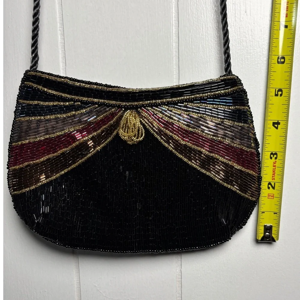Vintage Lillian Vernon Beaded Evening Bag Black Art Deco Formal Clutch Art Retro